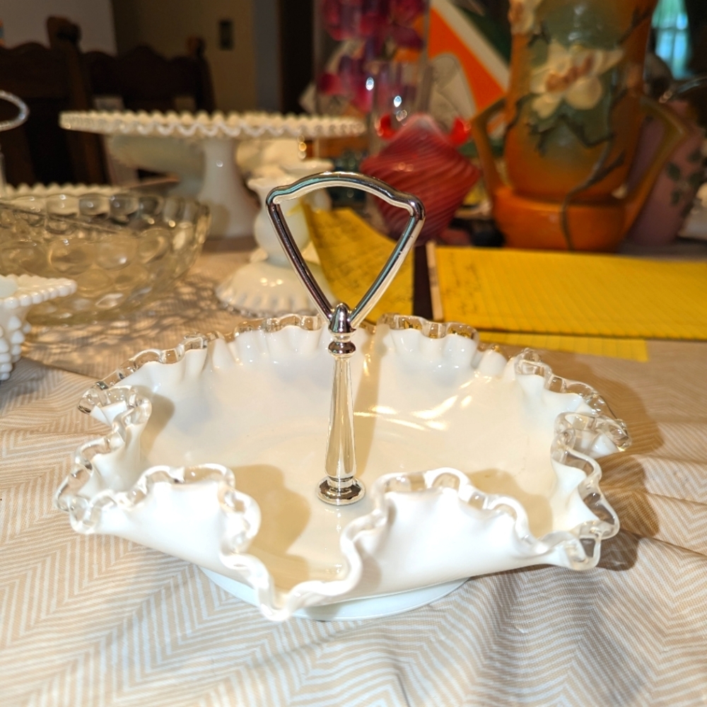 Vintage Fenton Silver Crest Bon Bon Candy Dish with metal Handle
